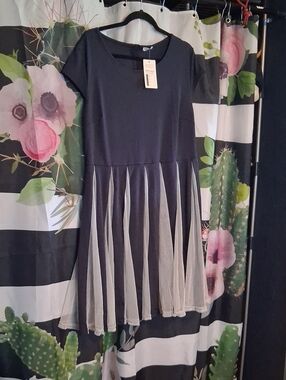 Navy Midi Dress with Sheer Pleated Overlay